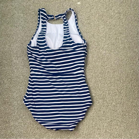 Lands End high neck one piece navy and white striped swimsuit, size medium - Picture 2 of 4